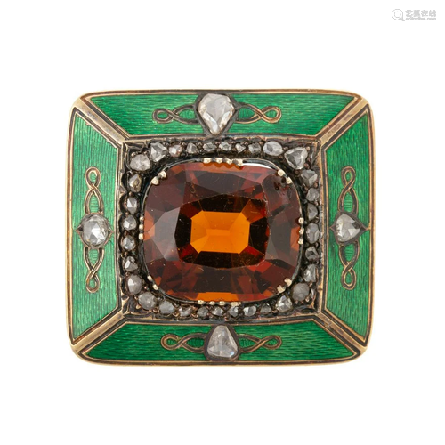 An Antique Enamel Diamond & Citrine Brooch in 18K