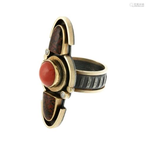 A Beth Solomon Coral Ring in 18K & Sterling Silver