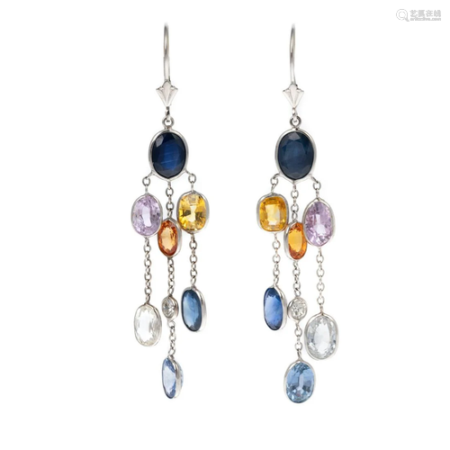 A Pair of 10.00 ctw Multi-Color Sapphire Earrings