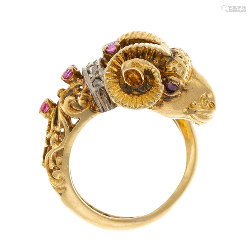 A Vintage Ruby & Diamond Ram's Head Ring in 14K