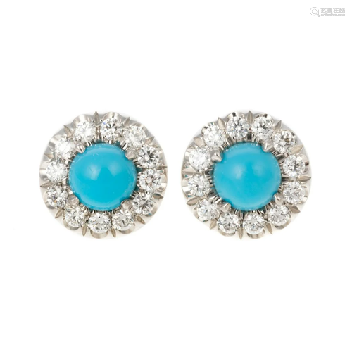 A Pair of Turquoise & Diamond Halo Studs in Platinum