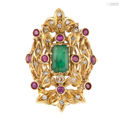 An Ornate Emerald, Ruby & Diamond Ring in 14K