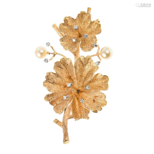 A Pearl & Diamond Flower Brooch in 18K