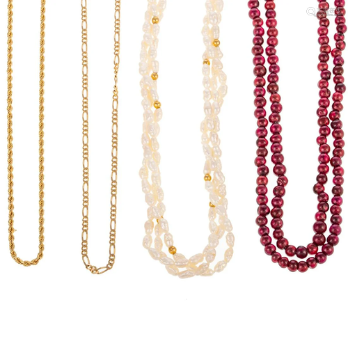 Two 14K Chains & Garnet & FWP Necklaces