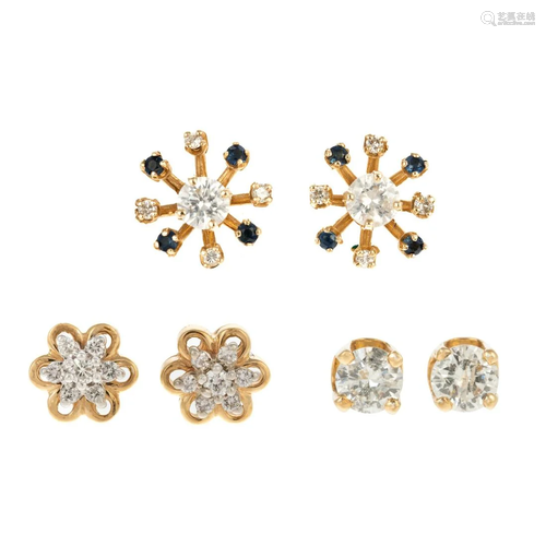 Three Pairs of 14K Diamond Stud Earrings & Jackets