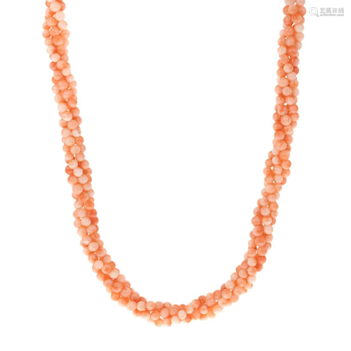 A Multi-Strand Coral Necklace with Carved Rose