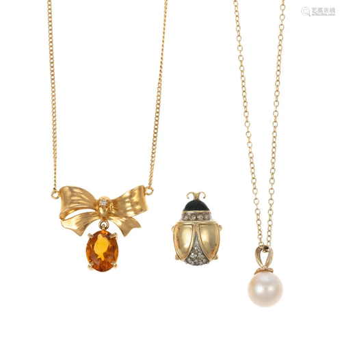 A Trio of Gold Pearl, Citrine & Lady Bug Pendants