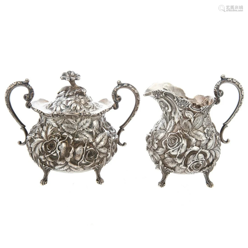 Stieff Sterling Rose Repousse Creamer & Sugar