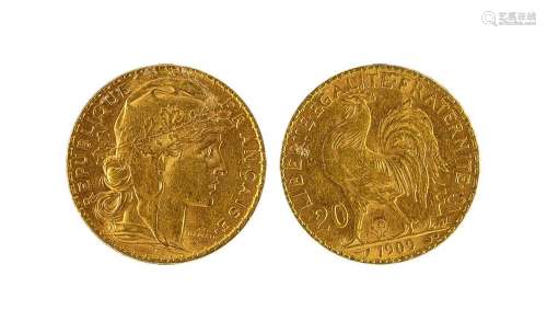 1909年法国20法郎金币一枚