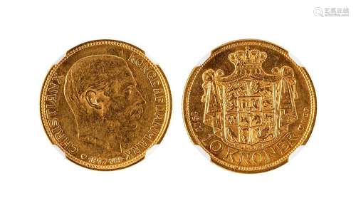 1917年丹麦10K人像金币一枚，NGC AU58