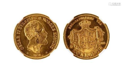 1876年瑞典20克朗金币一枚，NGC MS65