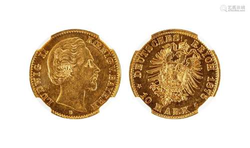 1875年巴伐利10马克金币一枚，NGC AU58
