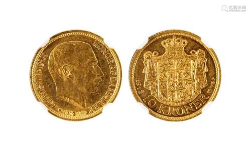 1913年丹麦10克朗金币一枚，NGC MS62