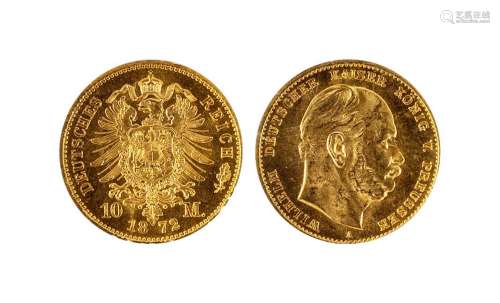 1872年普鲁士10马克金币一枚，NGC MS65