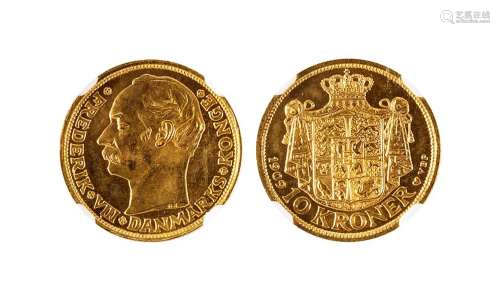 1909年丹麦10克朗人像金币一枚，NGC MS64