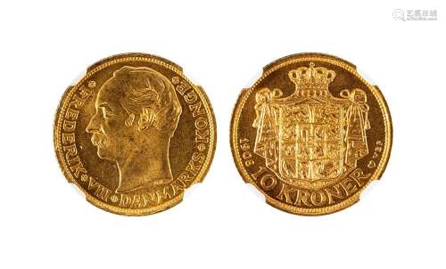 1908年丹麦10克朗金币一枚，NGC MS 65
