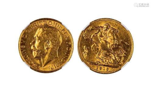 1913年英国1索维林金币一枚，NGC AU58