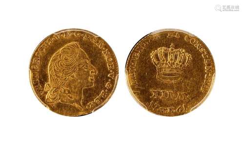 1761年丹麦12马克金币一枚， PCGS DETAILS