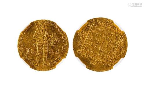 1802年荷兰1杜卡特金币一枚，NGC AU55