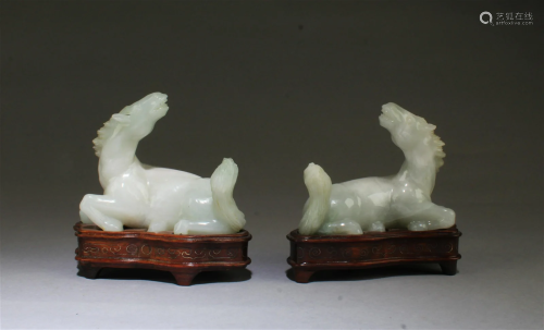 Antique Pair of Carved Jadeite Jade Horse Figurin