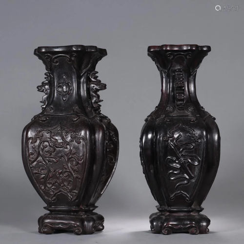 A Pair of Carved Zitan Vases