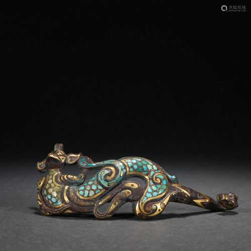 A Bronze with Gold and Turquoise Inlaid Mythical Beast-shape...