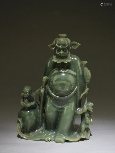 Chinese Spinach Green Carved Zhongkui Statue