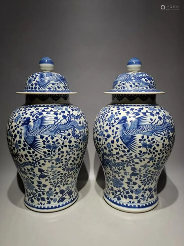 A Pair of Blue & White Porcelain Jars