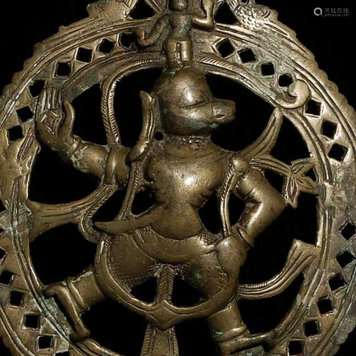 Lively 18thC Bronze Hanuman from India. HAs a diameter