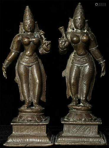 18/19thC Near pair of well-cast Indian Hindu bronze figures