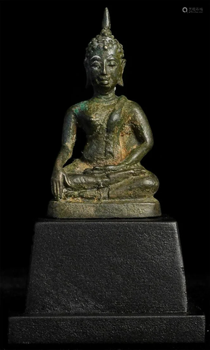 Rare early miniature Thai bronze Buddha. Remains of