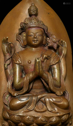 18thC Tibetan copper Repousse Bodhisattva on stylized