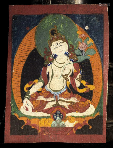 A lovely Mongolian Thangka in wooden gau.