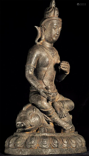 15C Tibet Buddha Deity on Boar,Iron, Very Large. Fine