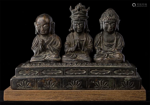 Very rare set--antique Korean bronze trio--a