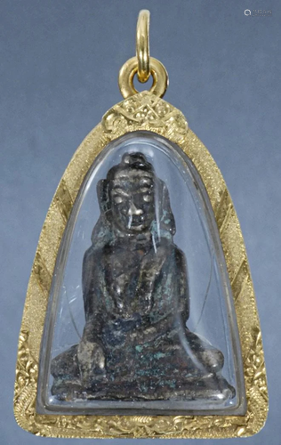 Mon silver Buddha in a contemporary 22k gold frame.