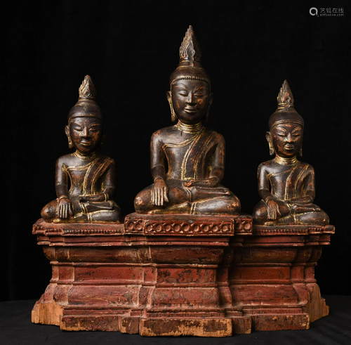 17/18thC - Burmese ARAKAN Large Solid Teak- Triple Buddha.Ra...