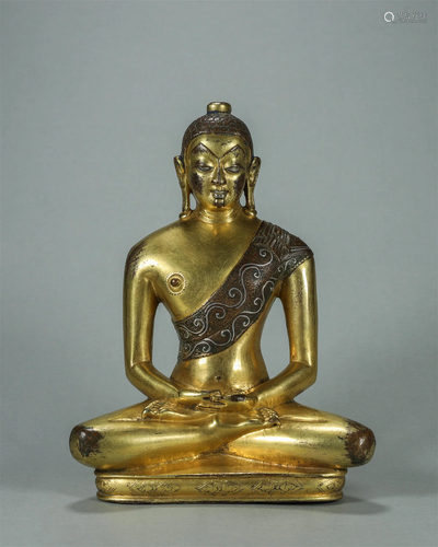 TIBETAN SILVER INLAID GILT BRONZE SEATED BUDDHA