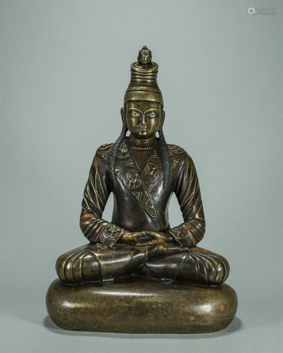 TIBETAN SILVER INLAID BRONZE SEATED BUDDHA