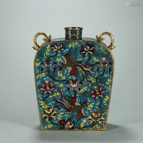 CHINESE CLOISONNE BIRD AND FLOWER FLATTEN KETTLE