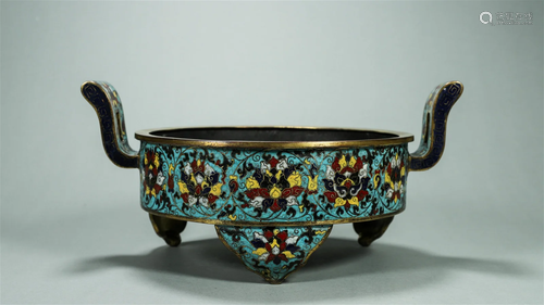 CHINESE CLOISONNE FLOWER TRIPLE FEET LONG HANDLE CENSER BURN...