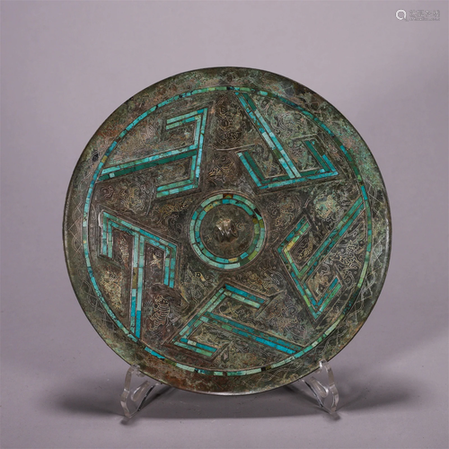 CHINESE TURQUOISE INLAID ANCIENT BRONZE ROUND MIRROR