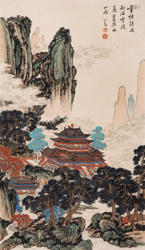 CHINESE SCROLL PAINTING OF PALACE IN MOUNTAIN SIGNED BY PURU