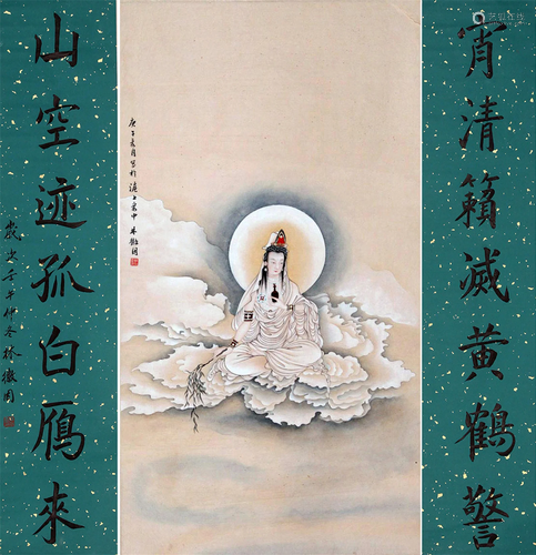 CHINESE SCROLL PAINTING OF SEATED GUANYIN AND CALLIGRAPHY CO...