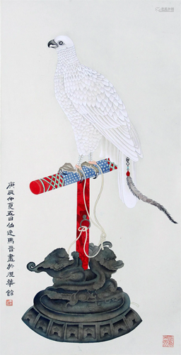 CHINESE SCROLL PAINTING OF EAGLE ON PORCH SIGNED BY MAJIN