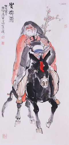 CHINESE SCROLL PAINTING OF OLD MAN IN DONKEY SIGNED BY CHENG...