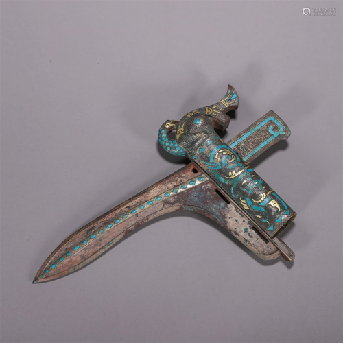 CHINESE TURQUOISE INLAID ANCIENT BRONZE RITUAL SPEAR HEAD