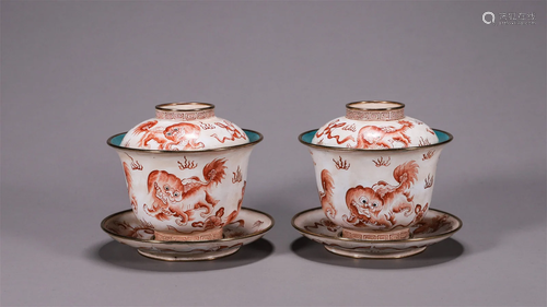 PAIR OF CHINESE BRONZE ENAMEL LION LIDDED CUP WITH DISH