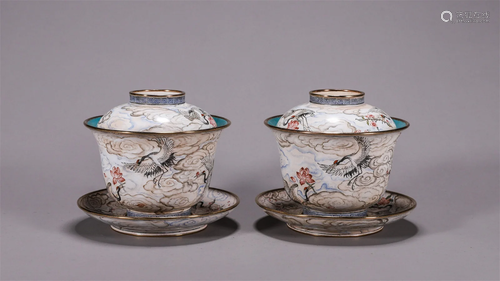 PAIR OF CHINESE BRONZE ENAMEL CRANE AND LOTUS LIDDED CUP WIT...