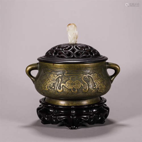 CHINESE BRONZE CIRCLE HANDLE ROUND CENSER WITH JADE KNOT ROS...